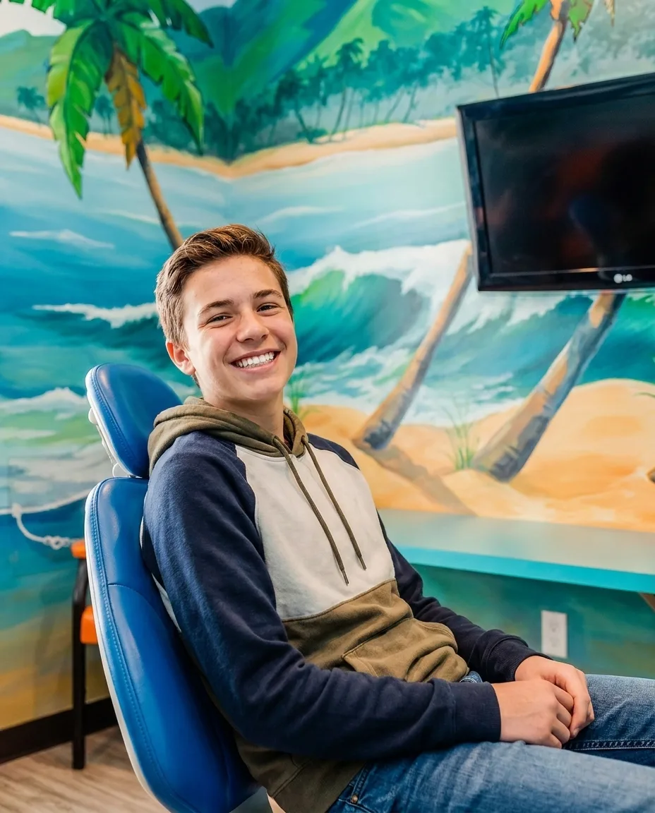 A teen patient with Dr. Jensen during a Lasting Smiles phase visit at Super Smiles.